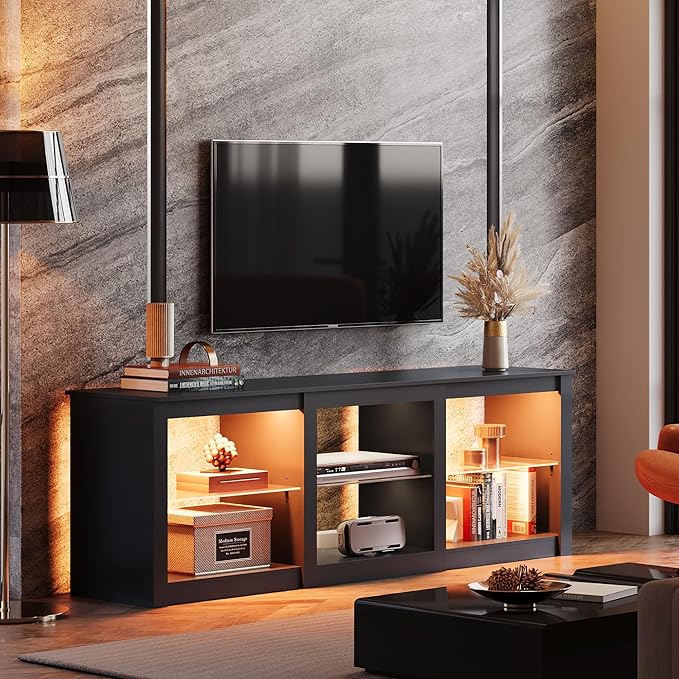 WLIVE TV Stand for 55/65/75 Inch TV, Modern Entertainment Center with LED Lights & Adjustable Glass Shelves, Sturdy Media Console for Living Room, Bedroom,Gaming (Black)