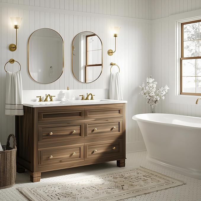 ANDY STAR Brass Bathroom Mirror for Wall, 30x40 Gold Oval Mirrors for Bathroom, Brass Oval Mirrors, Pill Shaped Mirror, Large Vantiy Mirror Stainless Steel 1’’ Deep Hang Vertically & Horizontally