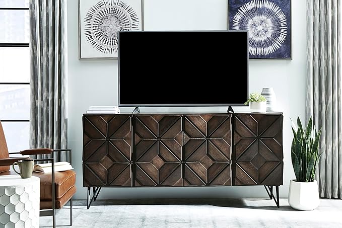 Signature Design by Ashley Chasinfield Urban Geometric Design TV Stand Fits TVs up to 70", 4 Cabinet Doors and 3 Adjustable Storage Shelves, Dark Brown