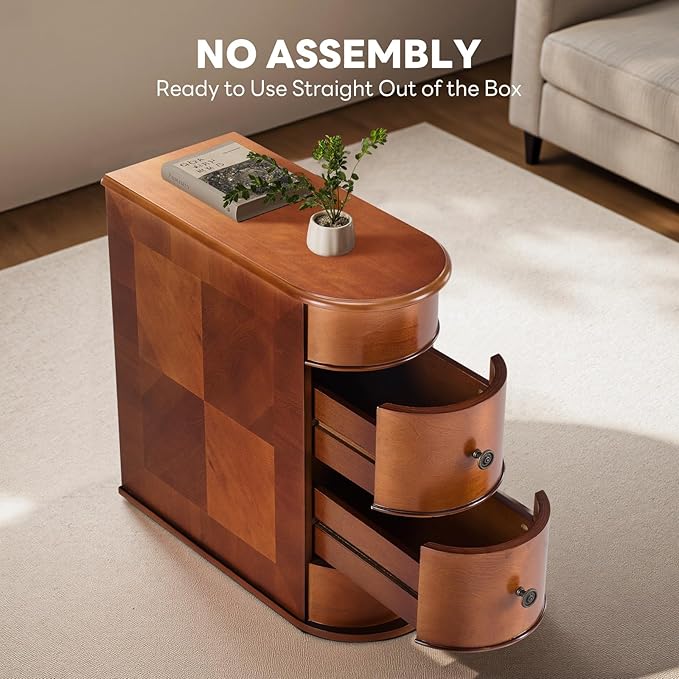 Sweetcrispy Side End Table with 2 Drawers, Tall Nightstand Vintage Bedside Tables No Assembly Night Stand with Curved Edge Storage Space Wood Sofa Slim Organizer for Living Room, Bedroom, Brown