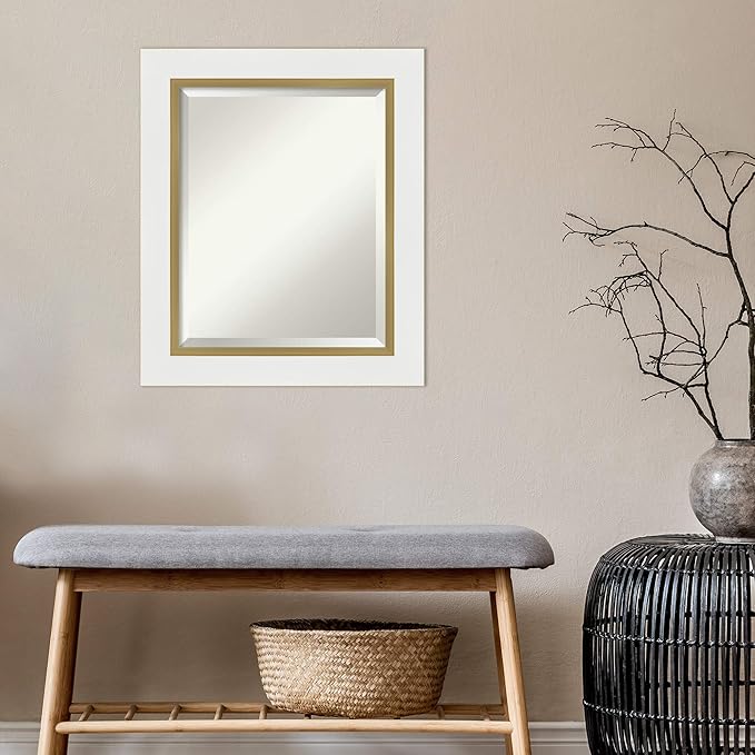Amanti Art White Bathroom Mirror for Over Sink, 25x21 Eva White Gold Rectangle Vanity Mirror, Small Modern Contemporary Frame, Hangs Horizonally and Vertically, Bathroom Wall Decor, Beveled Edge