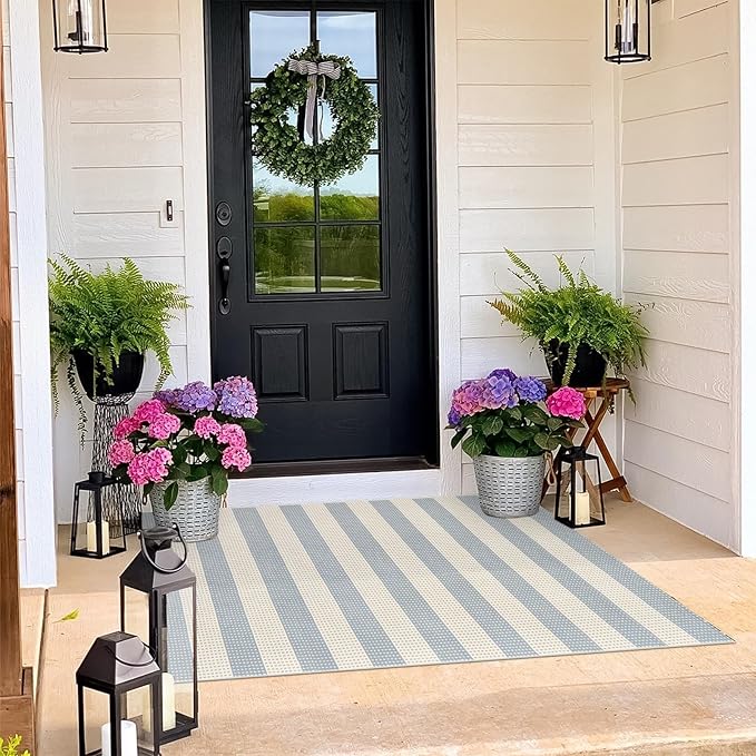 OJIA Washable Outdoor Rug 3'x5', Blue/White/Tan Outdoor Area Rug Entryway Rugs Indoor Door Mat Front Porch Rug Cotton Small Checkered Rug Floor Carpet for Entry/Patio/Bedroom/Living Room
