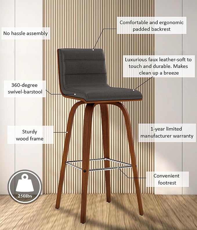 Armen Living Vienna Mid-Century Modern 30" Bar height Barstool Faux Leather Wood Finish, Grey/Walnut