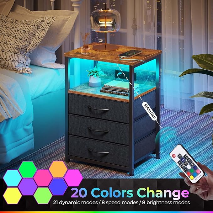 Seventable Nightstand with Charging Station and LED Light, Set of 2 Side Table with 3 Fabric Drawers, Bedside End Table with USB Ports and Outlets, Night Stand for Bedroom, Rustic Brown