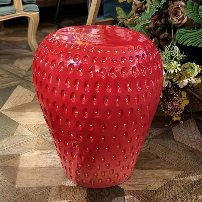 18" Red Strawberry Stool Statue Fruit-Inspired Side Table Indoor Outdoor Accent Seat Plant Stand MGO Garden Stool for Patio Balcony or Living Room Decor