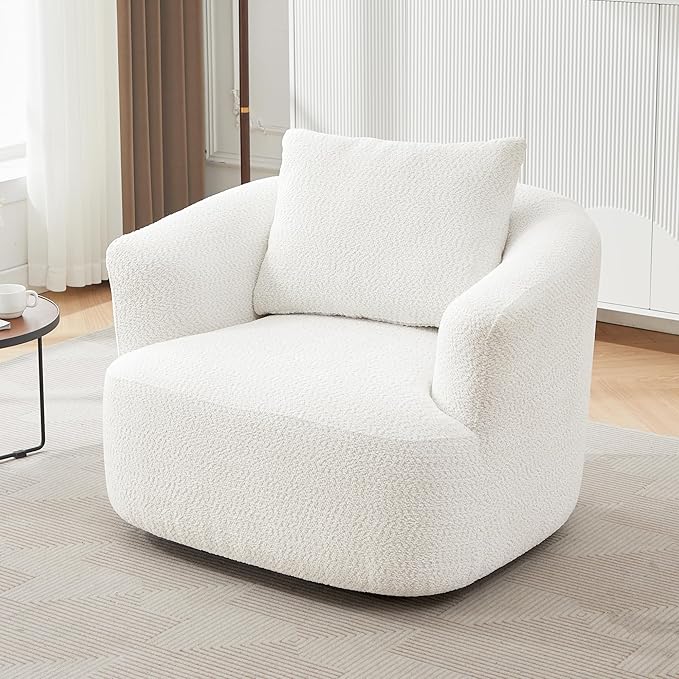 Merax Modern 360° Chenille Swivel Barrel Chair with A Throw Pillow & Armrest, Upholstered Cozy Single Round Sofa with Deep Seating for Living Room Bedroom,Office, Hotel, Easy Assemble, Beige