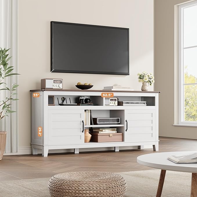GarveeHome TV Stand for 63 in, Entertainment Center with Adjustable Shelves, Farmhouse TV Stand with Cabinet Doors,for Living Room, Bedroom (White, 63)