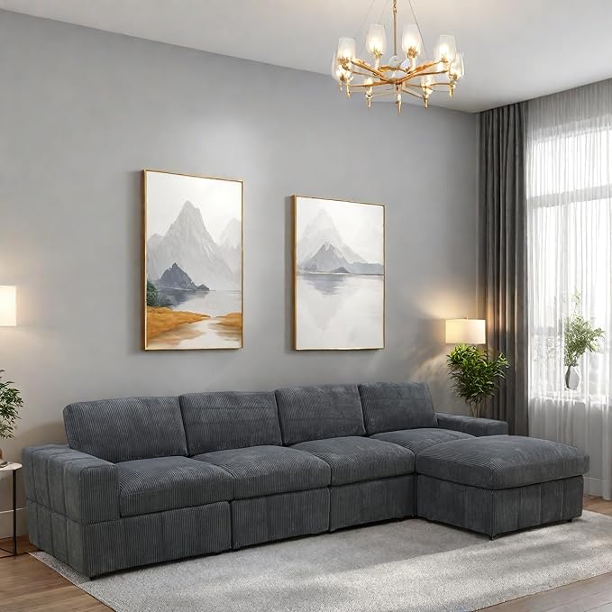 L Shaped Sectional Couches for Living Room, Modular Sectional Couch with Ottoman & Chaise, Modern Lounge Living Room Furniture Sofa for Adults, Dark Grey