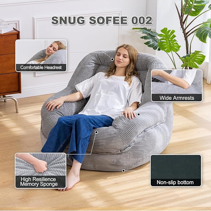 Giant Bean Bag Chair with Armrests - Oversized Cozy Seating for Adults, Corduroy Fabric & High - Density Foam Filling, Ideal Lounge for Living Room, Bedroom & Gaming Room (Grey)