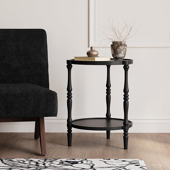 Accent Wood End Table, 2-Tier Round Bedside Table, Natural Side Table Nightstand for Family, Bedroom, Living Room, Handcrafted Finish, Black