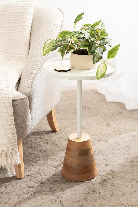 Kate and Laurel Tira Scandinavian Round Side Table, 14 x 24, White and Natural Wood, Modern Circle End Table for Use as Bedroom Nightstand or Living Room Pedestal Table