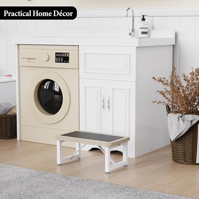 One Step Stool, Wooden Foot Stool for Adults, Heavy Duty Small Stepping Stool for High Bed, Kitchen Counter, Natural