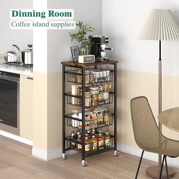 Kitchen Storage Cart with Wheels, 5-Tier Metal Utility Rolling Cart Fruit Vegetable Storage Basket Pantry Rack with Wood Top & Pull Out Baskets for Kitchen, Livingroom, Diningroom, Office