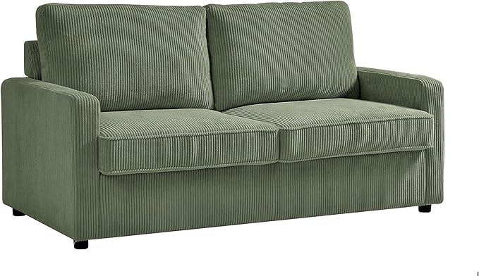 Reversible Sleeper Sofa Bed with Comfortable Memory Foam Mattress, Convertible Corduroy Full Size Pull Out Couch for Living Room, Space Saving Furniture, 70" Wide, Rectangular Arms, Dark Green