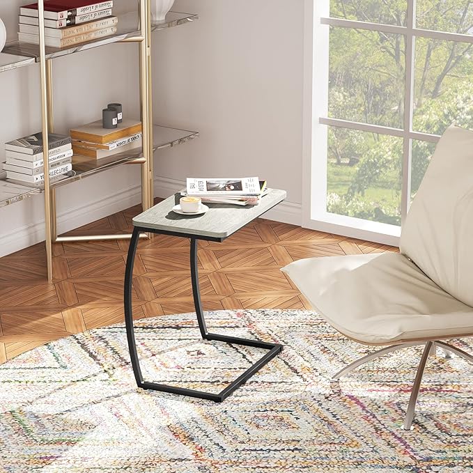 SRIWATANA Side Table, End Table, Vintage C-Shaped Couch Table for Sofa Laptop Coffee Snack, Light Grey