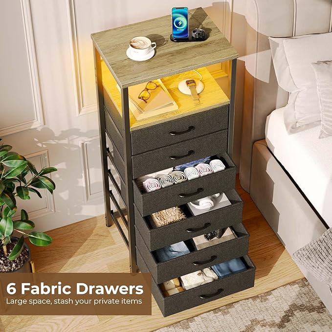 Seventable Night Stand with Charging Station, Tall Nightstand with 6 Fabric Storage Drawers, Side Table with LED Light for Bedroom, Entryway, Greige