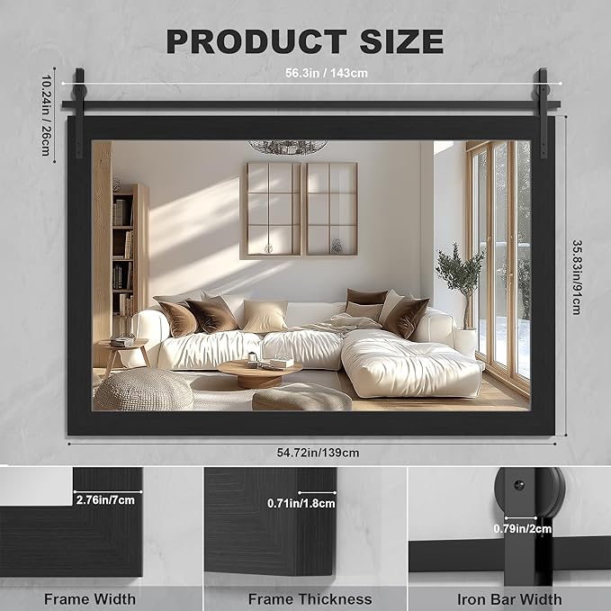 Hasipu Farmhouse Bathroom Mirror, 55"x36" Rustic Wood Framed Wall Mounted Mirror, Black Vintage Vanity Mirror Barn Door Style Decrative Mirrors
