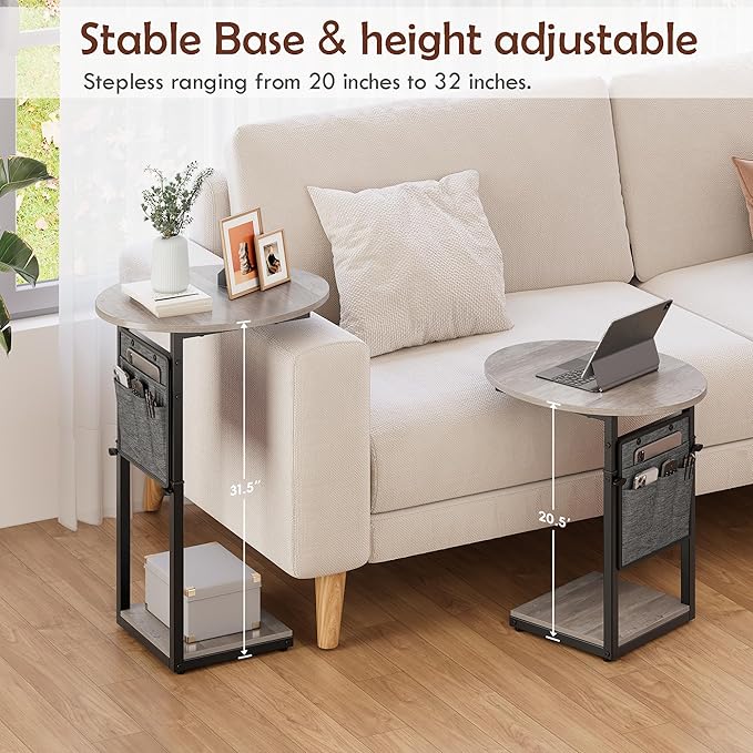 Vagusicc C Shaped End Table, Adjustable Height Small Side Table for Couch and Recliner, 32" Tall Couch Side Table Slide Under Sofa Tray Desk with Storage Bag for Living Room and Bedroom, Greige