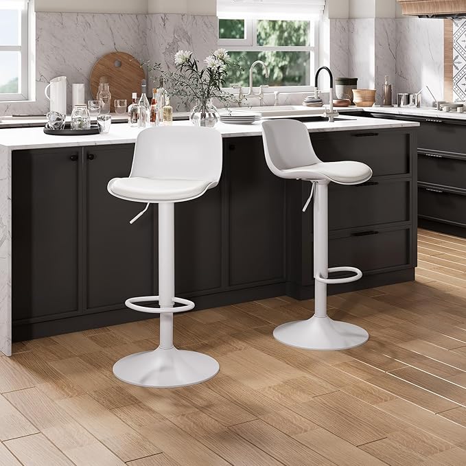 YOUTASTE White Bar Stools Set of 2 Adjustable Counter Height Bar Stool PU Leather Metal Barstools with Back Swivel High Top Bar Chairs Home Kitchen