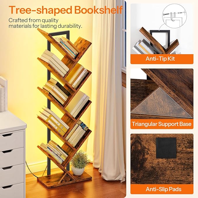 HOOBRO Tree Bookshelf, 9-Tier Tree Bookshelf with Lights, Space-Saving Book Shelf, Holds Books, CDs, Floor Standing Bookcase for Office, Living Room, Bedroom, Rustic Brown and Black BF08DSJ01
