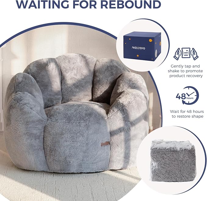 MAXYOYO Bean Bag Chair for Adults, Floral Shaped Bean Bag Sofa, Ultra Soft Faux Fur Floor Sofa, Large Reading Chair for Living Room Bedroom, Dark Grey, Single