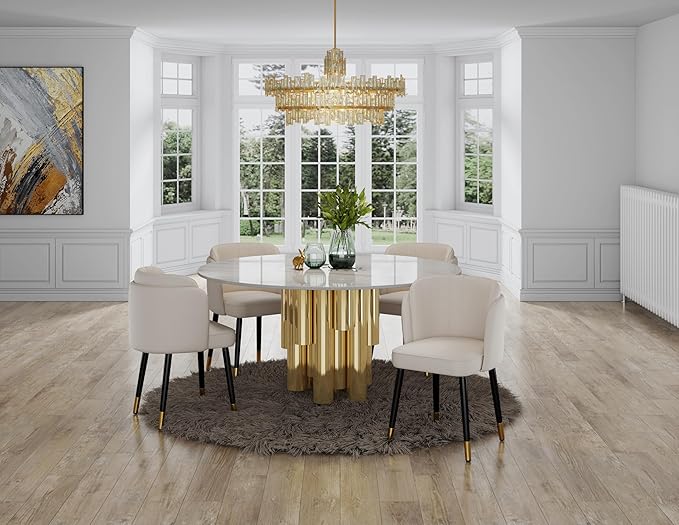 Manhattan Comfort Zephyr Modern Velvet Dining Chair, Solid Wood Frame with Gold-Tipped Splayed Legs, High Density Foam Padding, Vintage Design, Tulip Inspired Accent Furniture, Cream