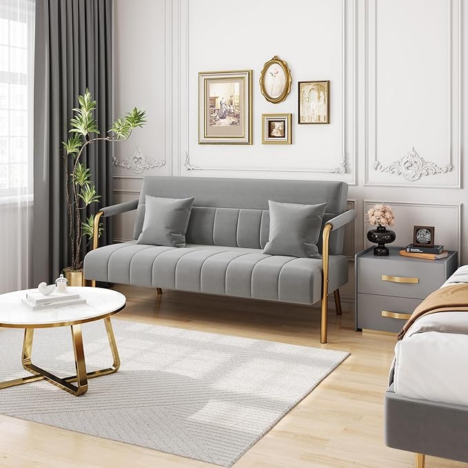 Yaheetech 56.5" W Modern Sofa Small Sofa Luxurious Velvet Fabric Couch with Gold-Tone Metal Arms and Legs for Living Room, Home Office, Studio Light Gray