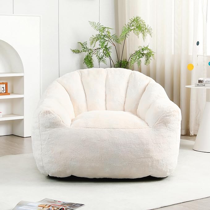 Furniliving Bean Bag Chair, Giant Bean Bag Chair Stuffed Floor Sofa for Adults Comfy Bean Bag Sofa with Back Support, Oversized Bean Bag Couch for Living Room Bedroom Dorm Office, Faux Leather, White