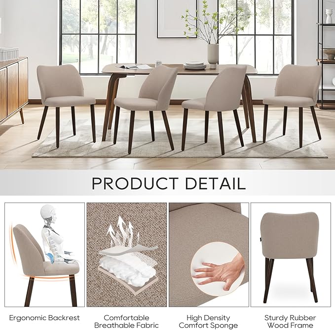 COLAMY Upholstered Dining Chairs Set of 6, Modern Fabric Dining Room Kitchen Side Chair with Padded Seat and Wood Legs for Restaurant/Cafe, Camel