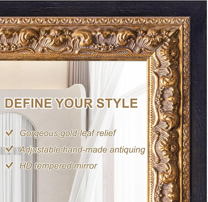 Gold Vintage Mirror 40”x28”, Black Gold Decorative Mirror with Gold Foil Flower Petal Carvings Wooden Frame for Luxe Living Room, Entryway, Bathroom and Bedroom