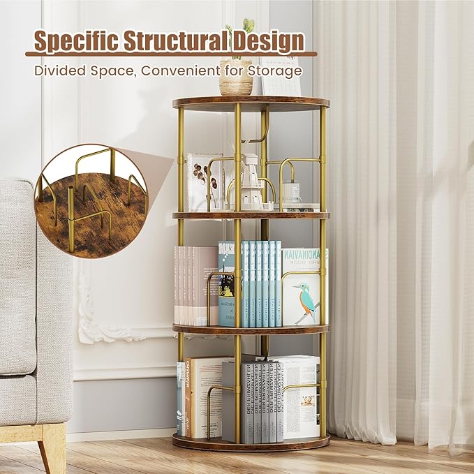 Rotating Bookshelf, 3 Tier Round Revolving Bookcase with Special Visible Partition Storage, 360° Display Spinning Bookshelf Tower Storage Organizer Rack for Bedroom, Living Room, Small Space, Gold