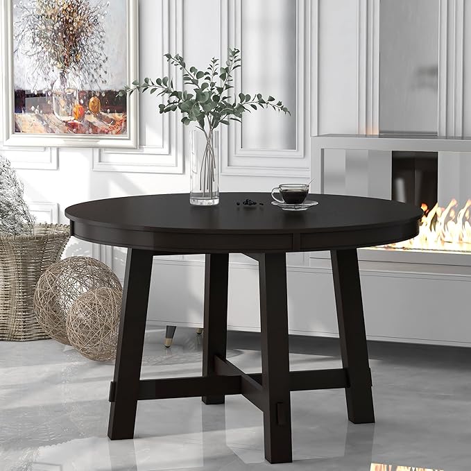 Farmhouse Style Expandable Round to Oval Dining Table with 16" Removable Leaf, Solid Wood Extendable Tabletop with Cross Trestle Legs, Space-Saving Kitchen-Tables for Home Apartment Restaurant