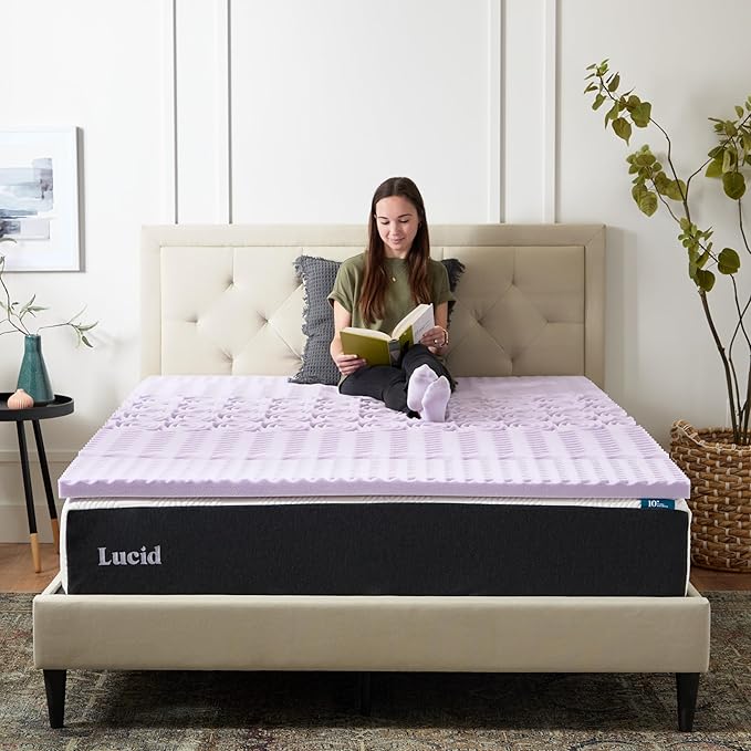 Lucid Lavender Infused 2 Inch Memory Foam Mattress Topper - Full Size - Plush Feel - 5 Convoluted Zones - CertiPUR Certified - New Home Owner & Dorm Room Essentials