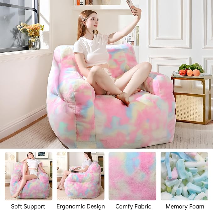 Large Bean Bag Chairs for Adults & Kids, 3FT Memory Foam Bean Bags with Filler, Ultra Soft Faux Fur Fabric - Fluffy Bean Bag Chair for Living Room Bedroom College Dorm (Colorful)