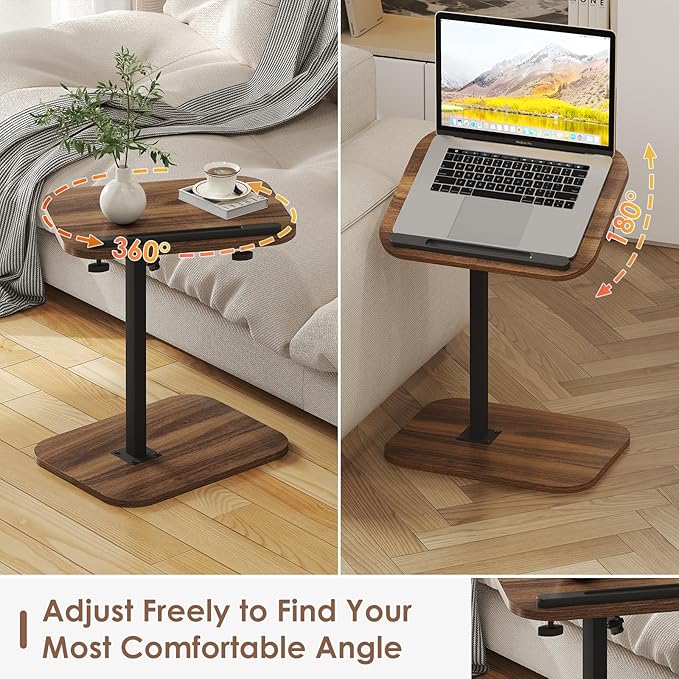 Sofa Couch Arm Table Tv Tray Small Bed Stand C Shaped Side End Tables for Living Room, Bedroom, Bedside Walnut