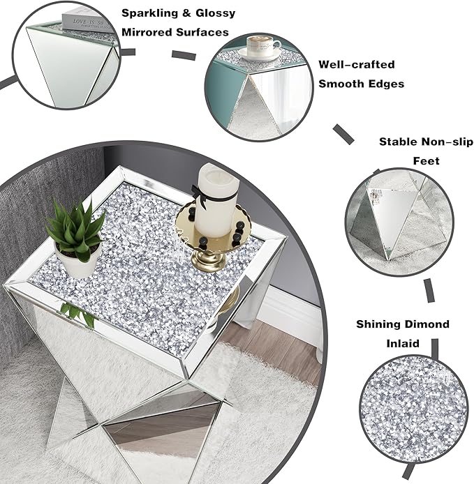 ENENE Mirrored Diamond Setting End Table Glass Decorative Side Table for Living Room Small Spaces Coffee Table Modern Pedestal Accent Table for Bedroom Office Hallway Entryway