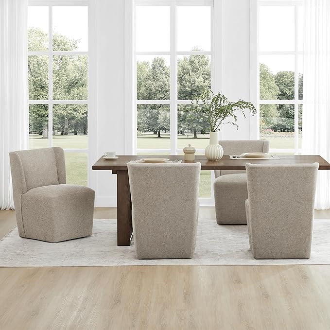 Upholstered Dining Chair with Casters Wingback Modern Side Armless Deskchair with Rollers for Diningroom Bedroom Livingroom Reading Room,Khaki,1 Box