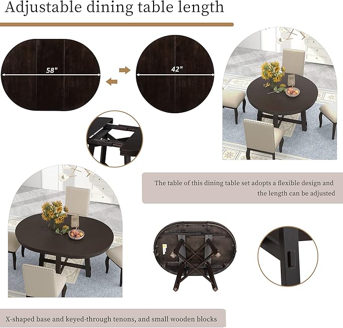 5 Pieces Dining Table Set with 43" Round Extendable Desk,Living Room Furniture W/ 4 Upholstered Curved Legs Chairs,for Restaurant,Home Bistro,Espresso