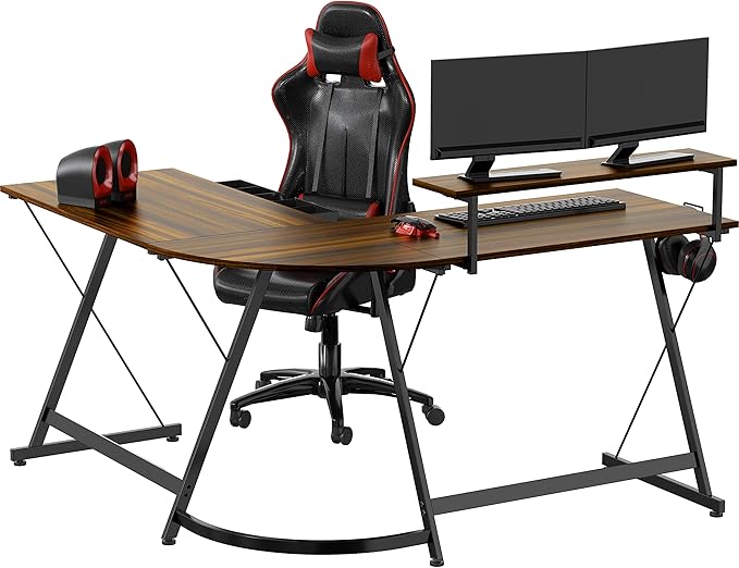 SHW 51 x 51 Inches Vista L-Shaped Desk with Monitor Stand and Drawer, Walnut
