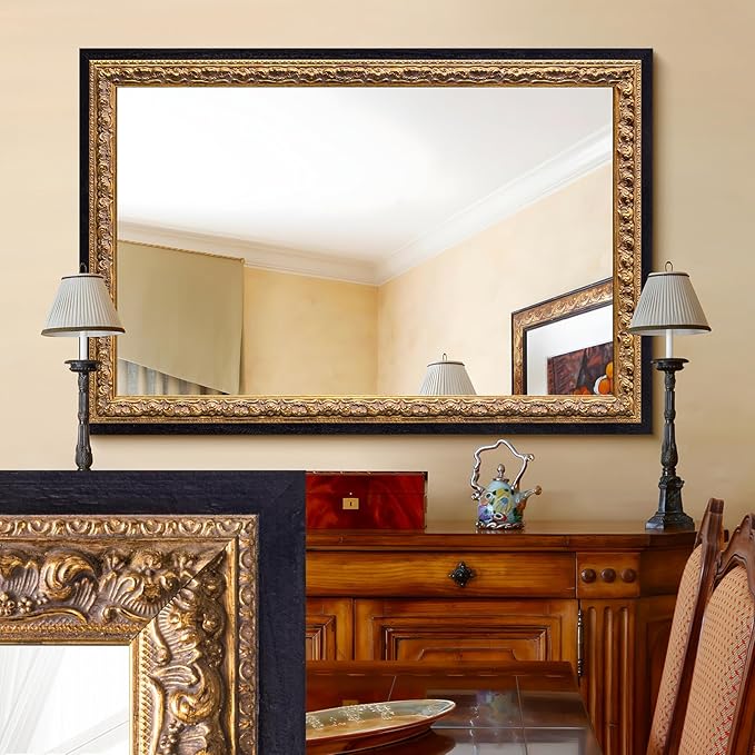 Vintage Gold Mirror 36”x24”, Black Decorative Mirror for Vanity with Gold Foil Carvings Solid Wooden Frame, Antique Handmade Aging, for Luxe Living Room, Entryway, Bathroom and Bedroom