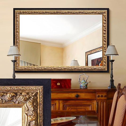 Vintage Gold Mirror 36”x24”, Black Decorative Mirror for Vanity with Gold Foil Carvings Solid Wooden Frame, Antique Handmade Aging, for Luxe Living Room, Entryway, Bathroom and Bedroom