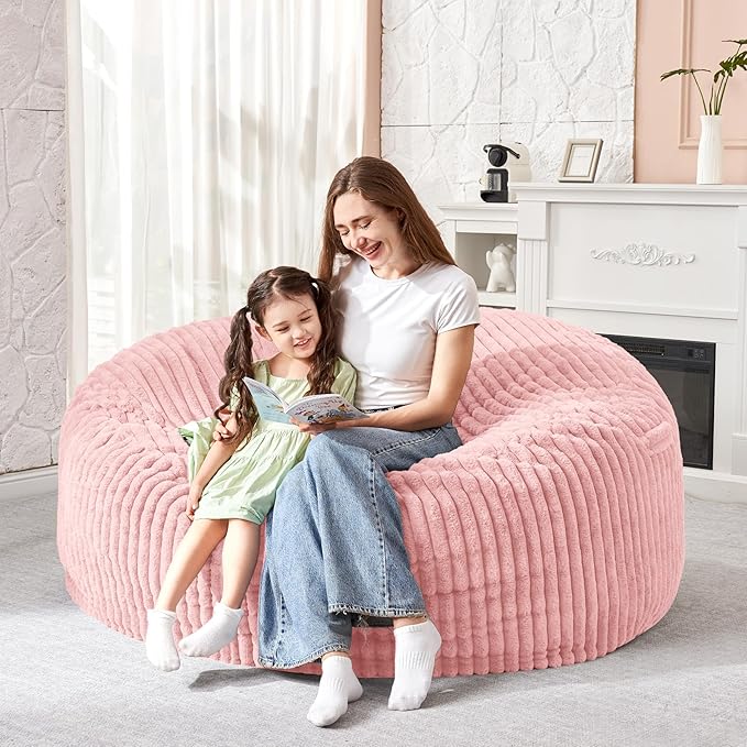 HABUTWAY 3FT Bean Bag Chair, 3' Large Bean Bag Chairs for Adults with Removable Stripe Plush Cover, Memory Foam Beanbag Chair for Living Room Bedroom Dorm (Tender Pink)