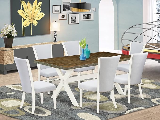East West Furniture X077VE005-7 7 Piece Dining Table Set Consist of a Rectangle Dining Room Table with X-Legs and 6 Grey Linen Fabric Parsons Chairs, 40x72 Inch, Multi-Color