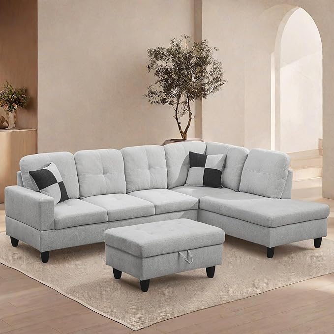 L Shaped Sectional Couches, Lounge Modular Sectional Sofa with Ottoman Storage, Modern Comfy L Shaped Couch for Living Room Furniture Sets, Bedroom, Gray