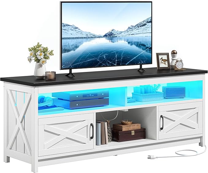 YITAHOME Farmhouse TV Stand for 65/75 Inch Television, LED Entertainment Center Television Stand with Power Outlets and Open Shelf, Media Console TV Cabinet for Living Room, White/Black