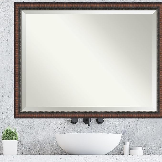 Amanti Art Brown Wall Mirror 34x44 Caleb Brown Rectangle Bathroom Mirror for Wall Decor Living Room, X-Large Rustic Farmhouse Frame, Hangs Horizonally and Vertically, Bathroom Decor, Beveled Edge