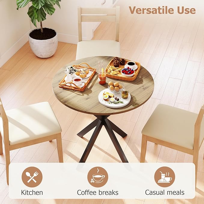 Round Dining Table, 31.5" Small Dining Table for 2-4, Round Kitchen Table with Metal Black Legs, Modern Round Dining Room Table for Kitchen, Apartment, Living Room, Brown