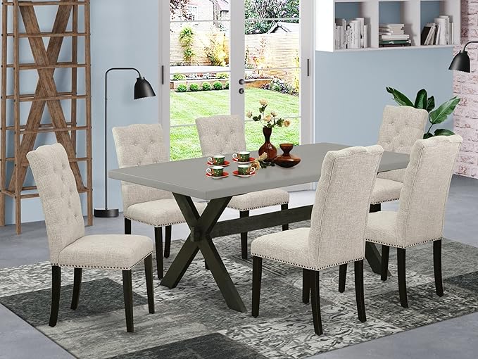 East West Furniture X697EL635-7 7 Piece Dining Room Furniture Set Consist of a Rectangle Dining Table with X-Legs and 6 Doeskin Linen Fabric Upholstered Chairs, 40x72 Inch, Multi-Color