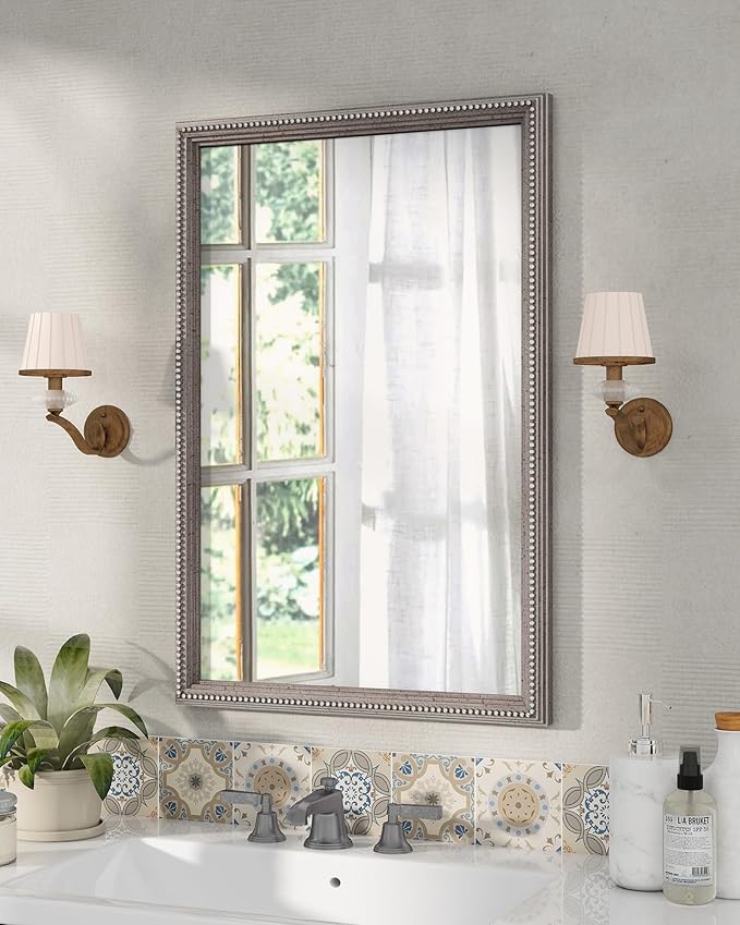Axeman 24x36 Wood Wall Mirror, Rustic Bathroom Mirror, Vintage Wall Mounted Mirror Tempered Glass with Beaded Wooden Frame for Farmhouse Living Room Vanity Bedroom Entryway, Grey