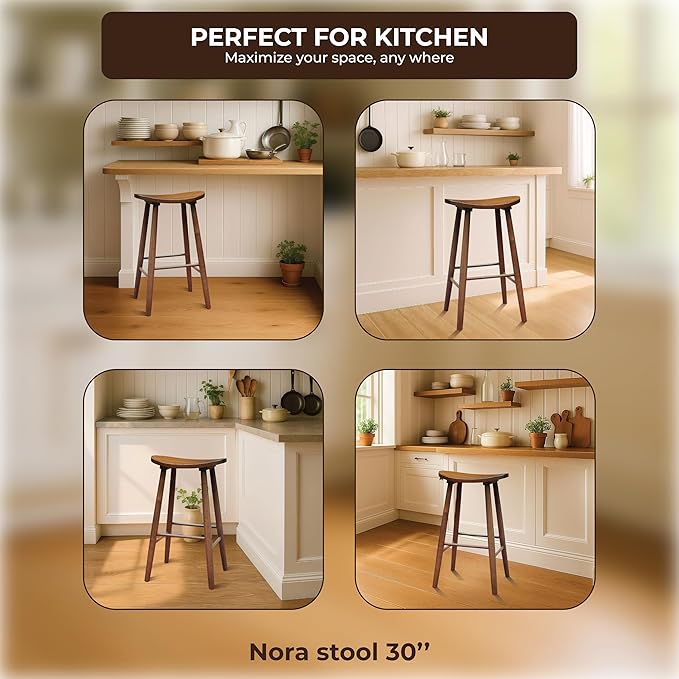 Nora 30" Backless Bar Stool, Saddle Seat Design, Solid Rubber Wood Frame with Rich Brown Finish, Perfect for Kitchen Counter, Bar Area, or High Dining Spaces